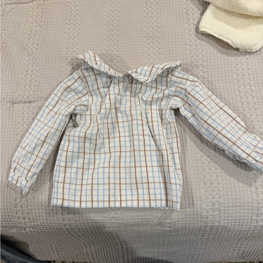 Little English White Button-Down Shirt with Blue and Brown Plaid